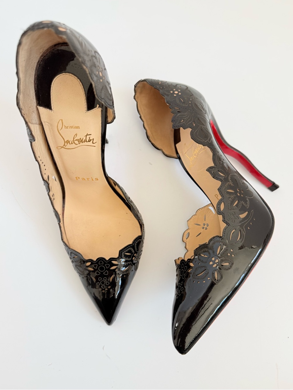 Christian Louboutin Beloved Black Patent Leather Laser Cut D’Orsay Pumps EU 38